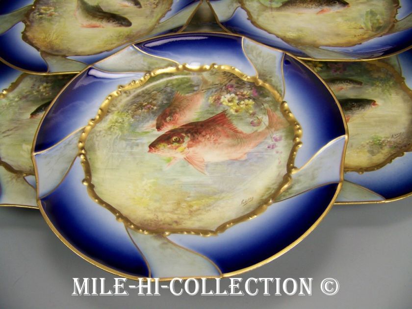 LIMOGES FRANCE  RARE MOLD  HANDPAINTED COBALT BLUE FISH PLATES SET 