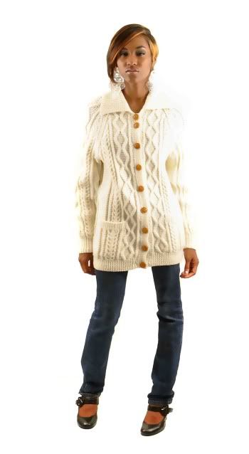 Vintage 70s Cream Cable Knit Fishermans Cardigan Sweater  