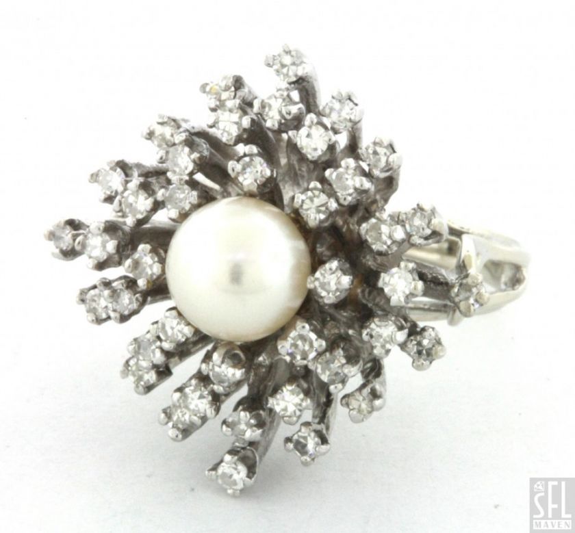 VINTAGE 14K WHITE GOLD 1.0CT VS DIAMOND/7mm PEARL BALLERINA COCKTAIL 