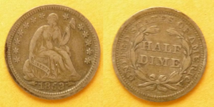 Half Dime Seated 1853 W / Arrows XF   