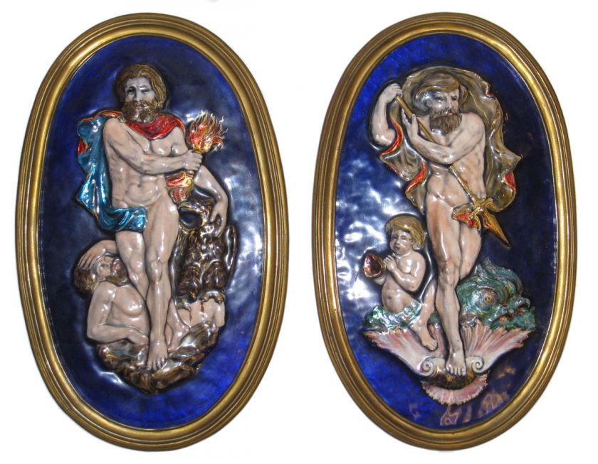 Pair Antique Limoges Enamel Plaques of Greek Gods  