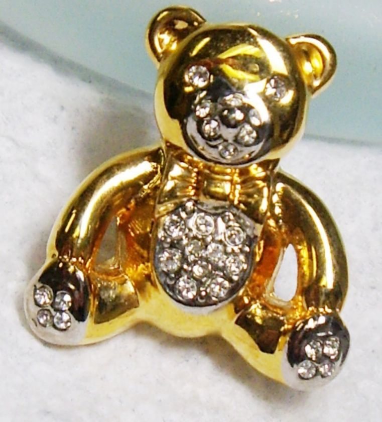 Vintage Goldtone Rhinestone TEDDY BEAR Pin Brooch  