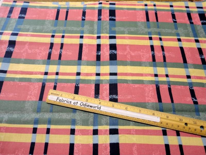 107 Bright pink blue yellow plaid cotton fabric 1 yd  