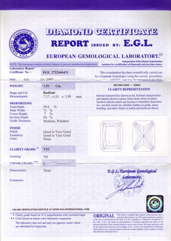 GORGEOUS $33000 2.5ct EGL CERT VS1 I Radiant Cut Diamond PLATINUM 