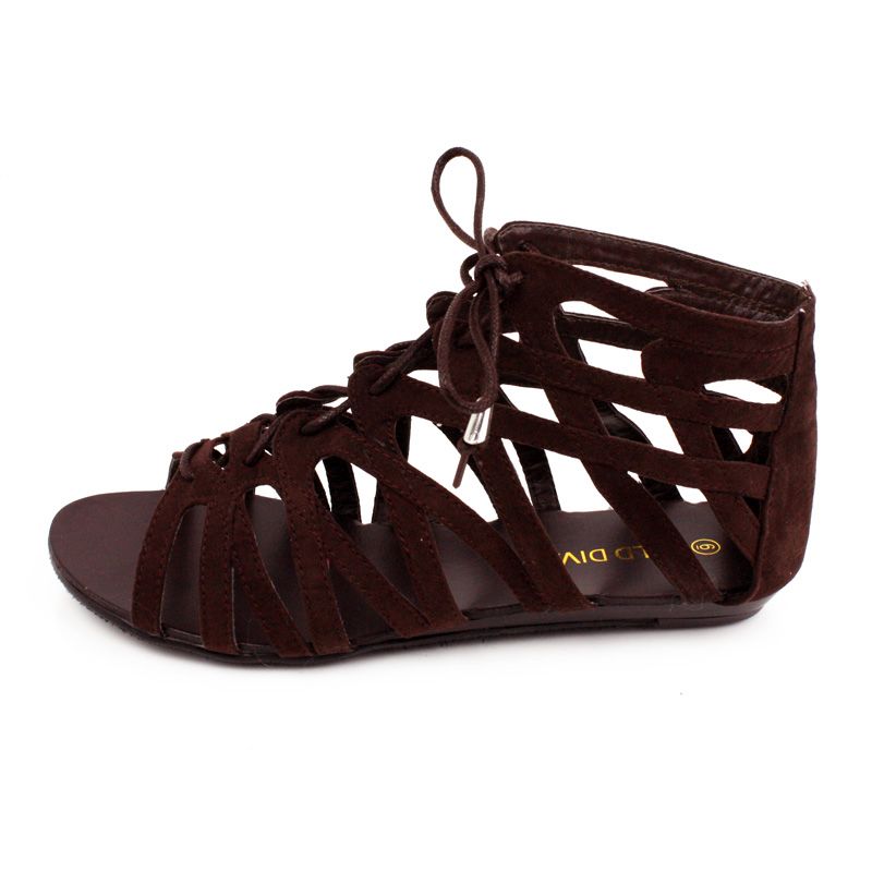 WILD DIVA MYRAH 31 FLAT LACE UP CAGE SANDALS Brown V. Suede