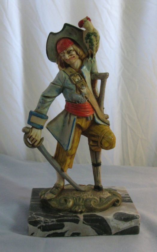 ITALY PEG LEG PIRATE W/PARROT CARRARA MARBLE BASE 3/4  