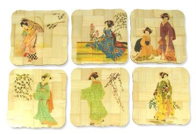 6pc japanese geisha bamboo cup coaster w holder 13032 shipping weights