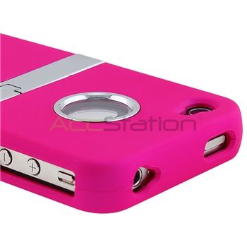   Hot Pink SNAP ON HARD COVER CASE W/ CHROME STAND FOR iPhone 4 G 4S USA