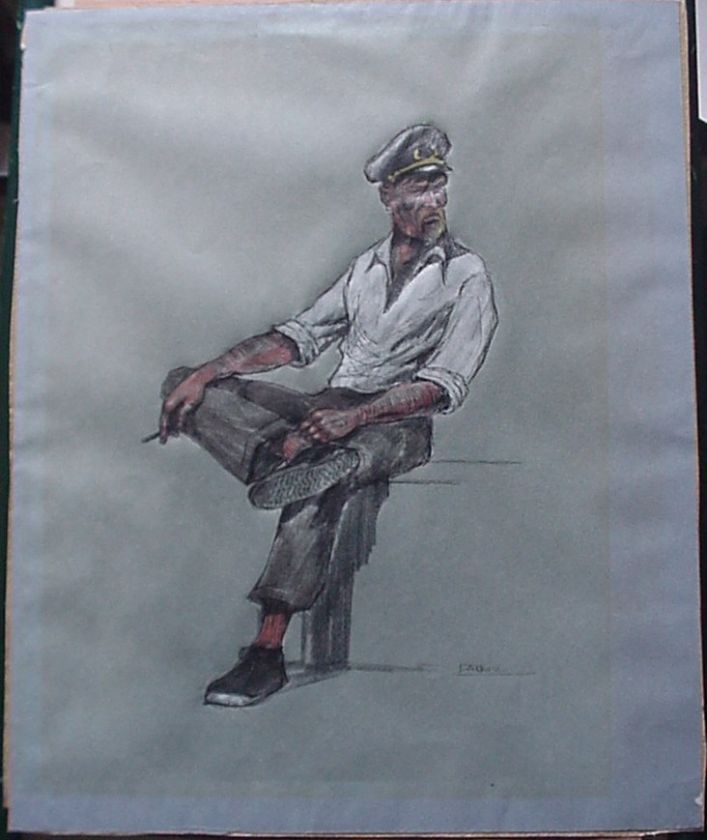 Ink, Pencil Drawing with Watercolor of a Sailor, Signed  