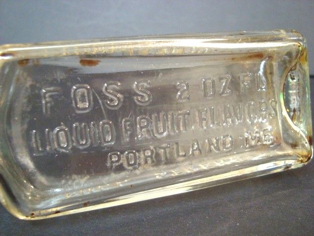 Antique FOSS LIQUID FRUIT FLAVORS EMBOSSED BOTTLE   PORTLAND MAINE w 