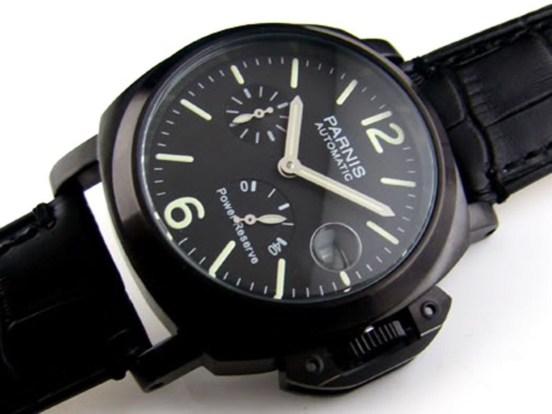 062p PARNIS 44MM MILITARY POWER RESERVE AUTO PVD WATCH  