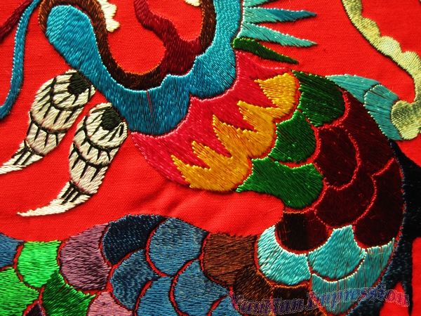 Antique red miao hmong trible hand stitch embroidery double dragon 