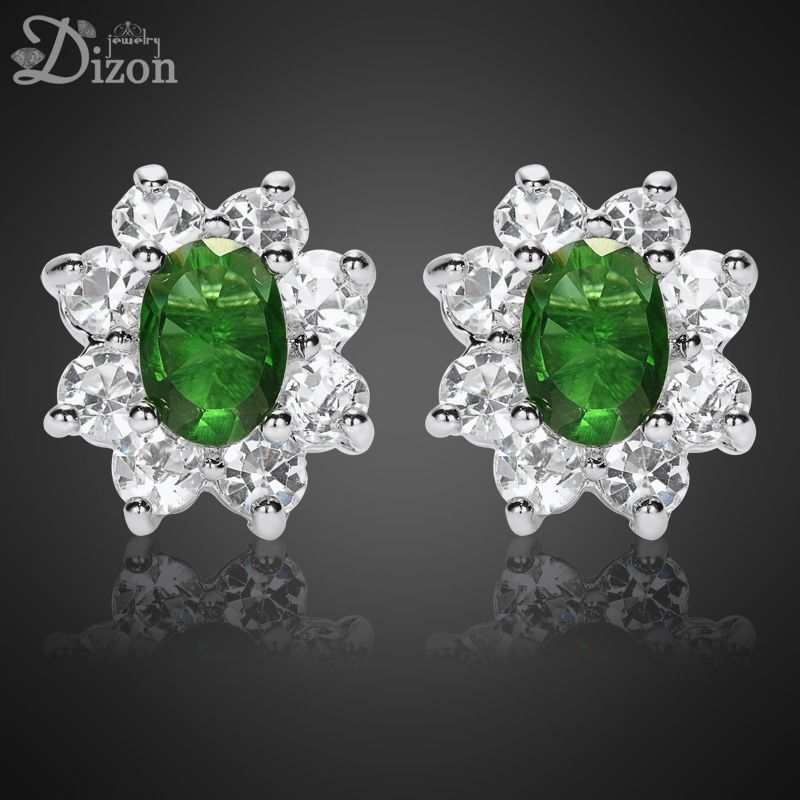 OVAL CUT GREEN EMERALD 18K WHITE GOLD GP STUD EARRINGS  