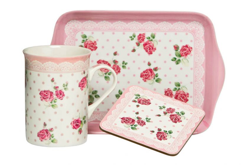 TEA TIME GIFT SET 3 PIECE PINK ROSE 9OZ MUG   TRAY AND COASTER  