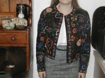 Vintage Flower Beaded Silk Jacket Made in India  