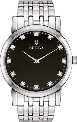 Elegant New Bulova 96D106 Mens Stainless Steel Black Dial Diamond 