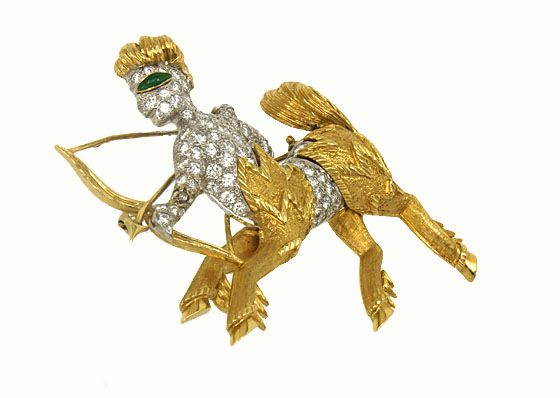 GREEK MYTHOLOGY 18K GOLD DIAMONDS 3D CENTAUR PIN BROOCH  