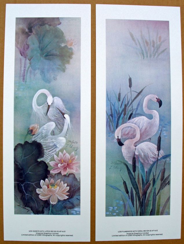 Egrets & Flamingos w/flowers S/N prints by L. Chang  
