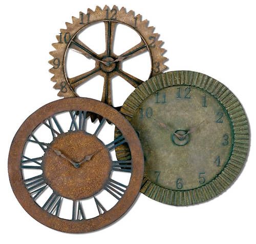 Wall Clock Three Faces Distressed Green/Brown/Red Rust  