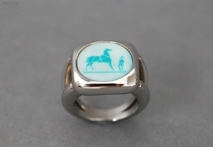 Authentic HERMES Ring Blue Corozo Stone Horse Motif Size 52 US 5.5 