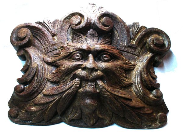   wooden oak ? carving carved devil satan monster lion head ?  