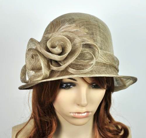 NWT 100% Sinamay Feather Formal Church Party Hat Beige  