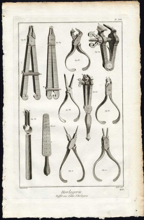    Engraving HORLOGERIE CLOCK MAKER TOOLS Diderot Defehrt 1751  