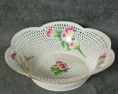 MOGA Porcelain Lace Basket Bowl Pansy Applique Signed  