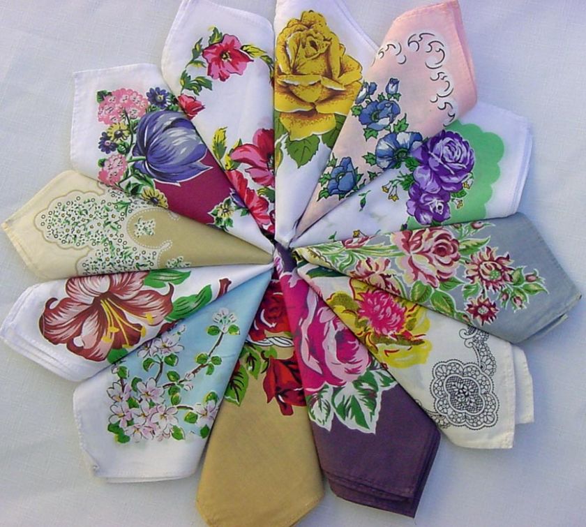 Lot of 12 Floral Hankies Handkerchiefs + Southern Belle Satin Pouch 