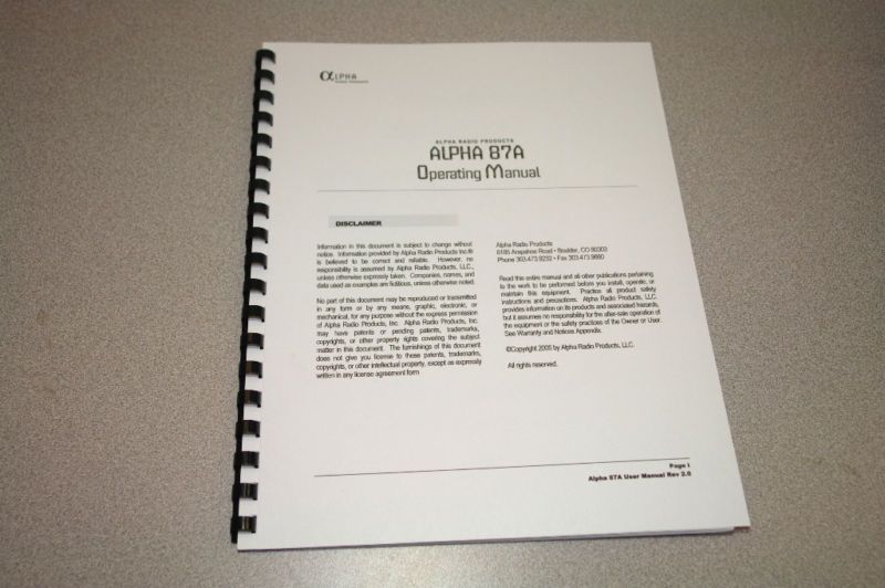 Alpha 87A Linear Amplifier OPERATION MANUAL w/Plastic Covers  