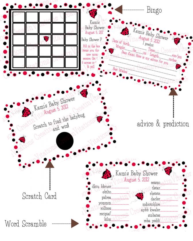   Ladybugs*Baby Shower Games*Advice, Bingo, Scramble, Scratch Cards