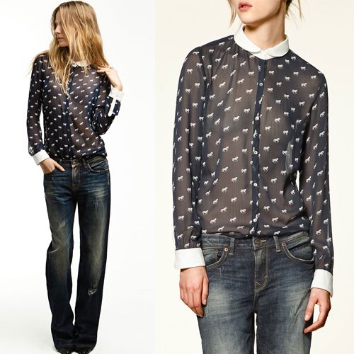 Fashion New 2012 Spring Trf Horse Print Chiffon Women Print Shirt 