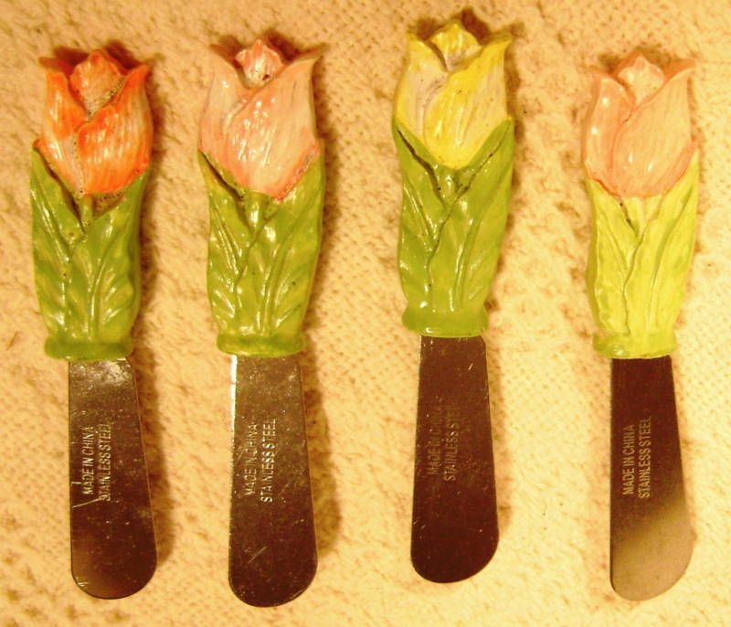 Set of 4 Cheese Dip Spreaders Shabby Pastel Floral  