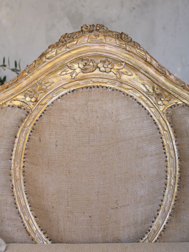  French Chic Louis XVI Style Gold Gilt Burlap Daybed Sofa Ornate  