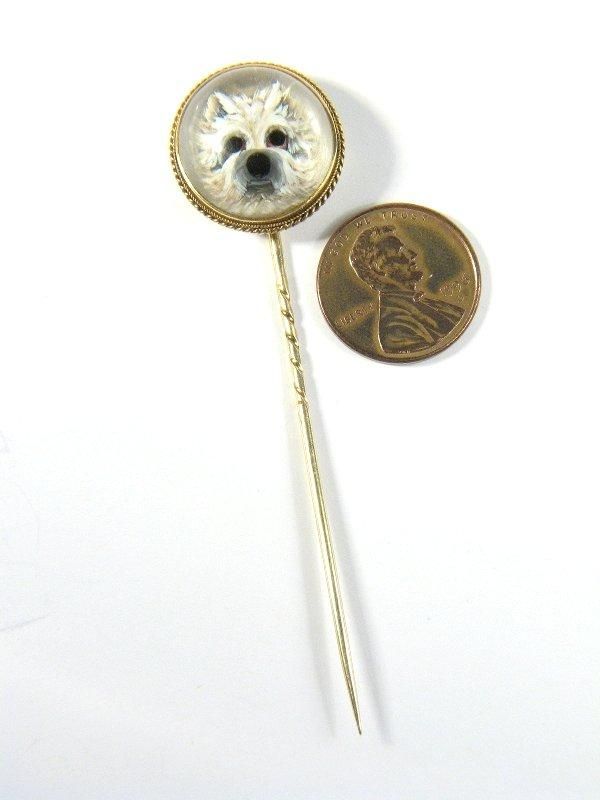 ANTIQUE GOLD ESSEX CRYSTAL STICKPIN WESTIE TERRIER 1870  