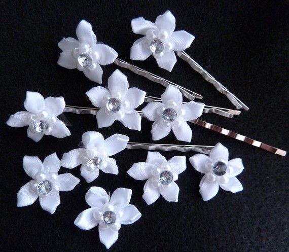 Set of 6 White Stephanotis Bobby Pins with Rhinestone & Pearl 