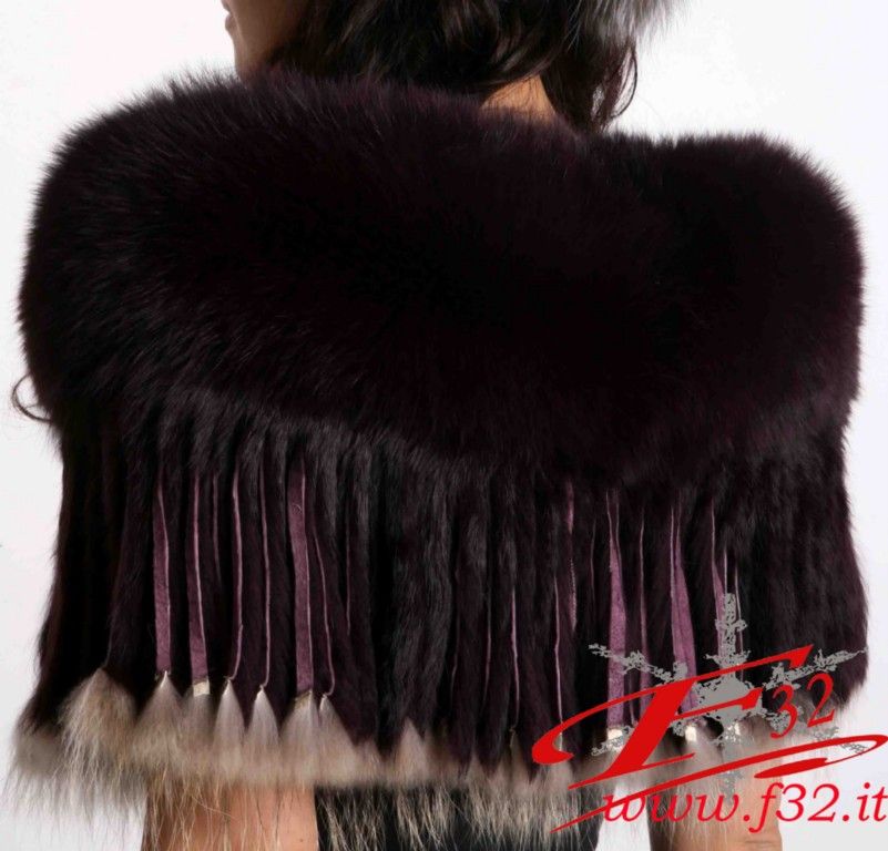 F32 ITALY HUGE FOX Fur Shawl Stole Fringes Pelliccia Scialle Black 