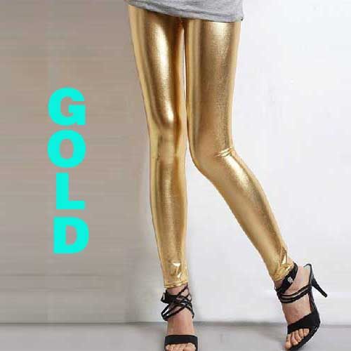    Length Footless Shiny Leggings Pants Tights Black Gold Silver  