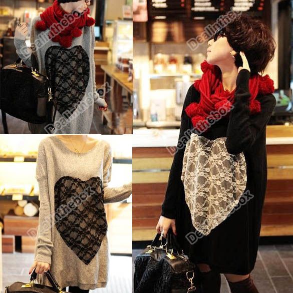 Korea Women Hip length Lace Heart Batwing Loose Knitwear Sweater Knit 