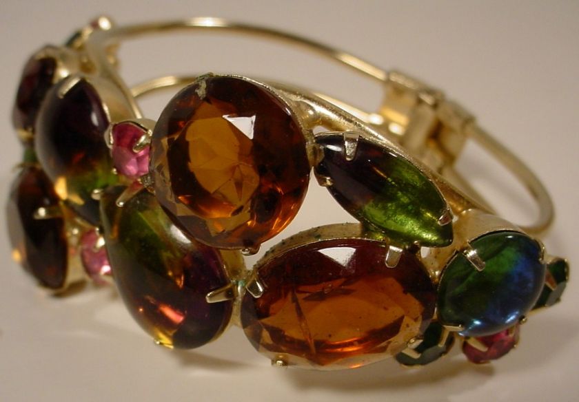 Vintage Colorful Open Back RHINESTONE Clamper Bracelet  