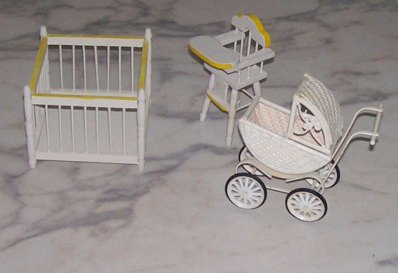 STROLLER, CRIB, HIGH CHAIR WOODEN DOLLHOUSE NURSERY  