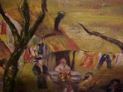 19c Superb Folk Art Gypsy Travelers Encampment Night Camp Oil Painting 