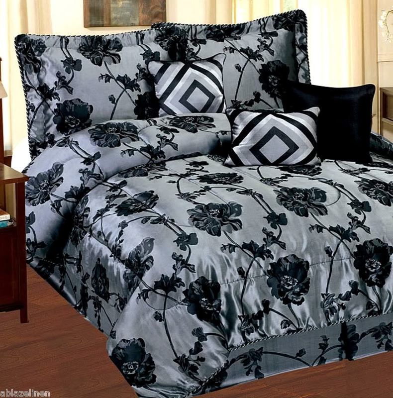 7PC Luxury ROSA Jacquard Comforter Bedding Set QUEEN Bed in a Bag 