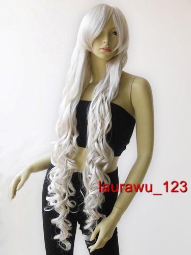40 Long Spiral Curly Bangs Cosplay Wigs Silvery White  
