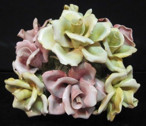   CAPODIMONTE PINK YELLOW ROSE CENTERPIECE BASKET~ITALIAN POTTERY  