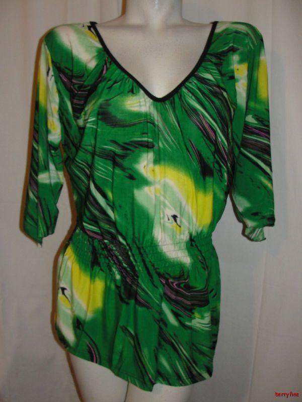   NWT TAKONI Jrs Plus 1XL/12 Green Yellow V neck 3/4 Sleeve Blouse Top