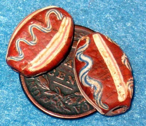 Trade Beads Early Brick Red Venetian Fancy Tabular Pair  