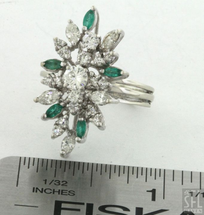 14K WHITE GOLD 1.77CT VS DIAMOND AND EMERALD COCKTAIL RING  