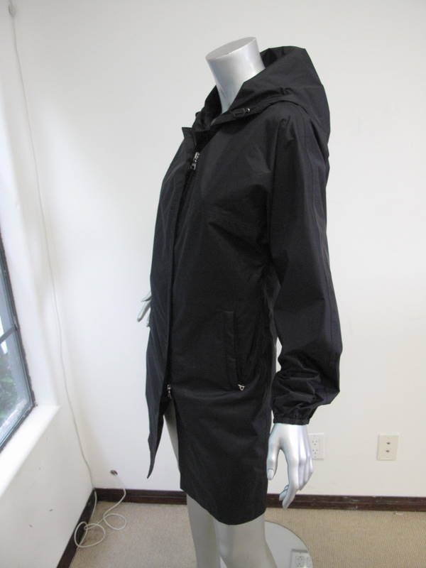 Prada Black Nylon Zip Up Hooded Knee Length Rain Coat XS  