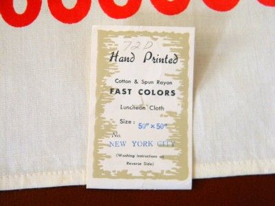 New York City Map Hand Printed Vintage Tablecloth NWT 50 x 50 